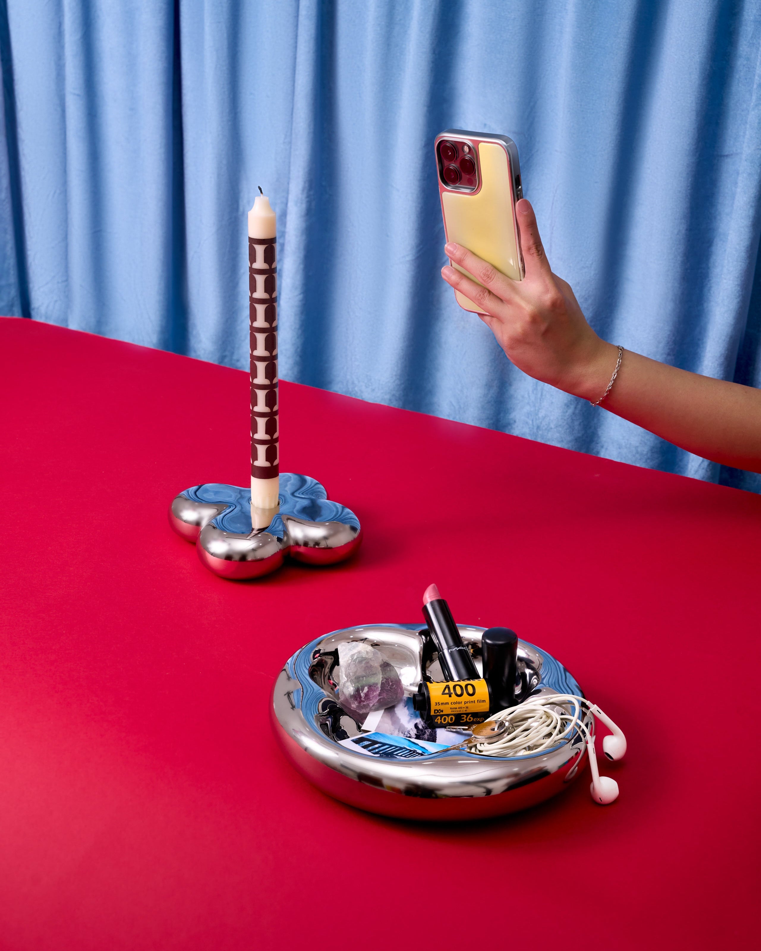 Chrome candleholder and tray