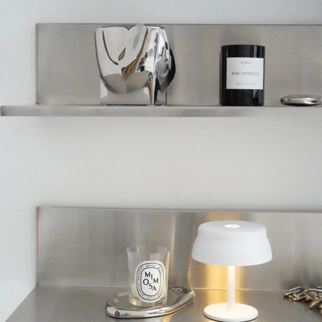 Chrome Vase styled on shelf